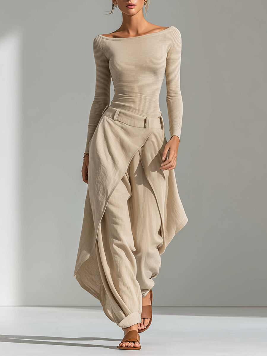Delphine | Beige Boat-Neck Top and Wide-Leg Ruffle Pant Set
