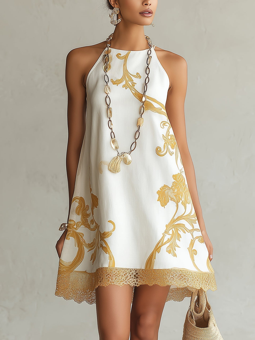 Héloïse | White Lace Mini Dress with Gold Print