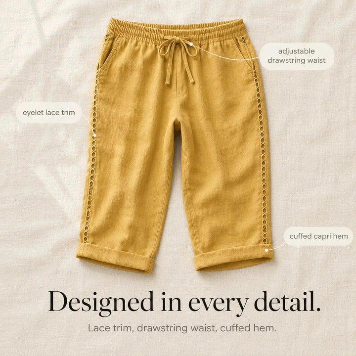 Loravie – Eyelet Trim Cotton-Linen-like Capri Pants with Drawstring Waist