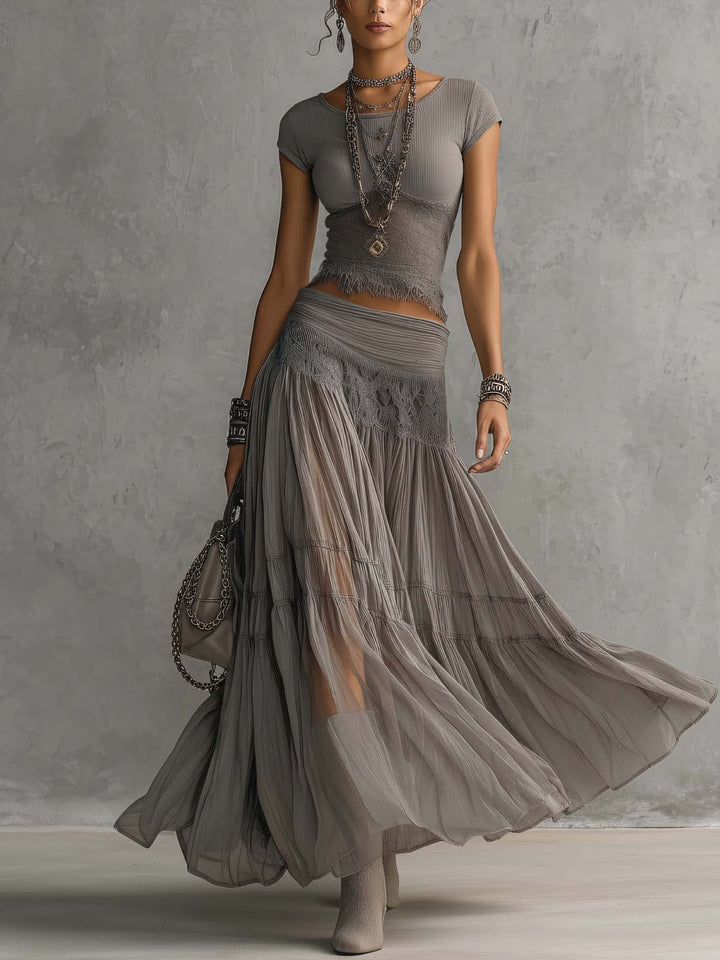 Federica | Lace Detail Top &amp; Pleated Maxi Skirt Set