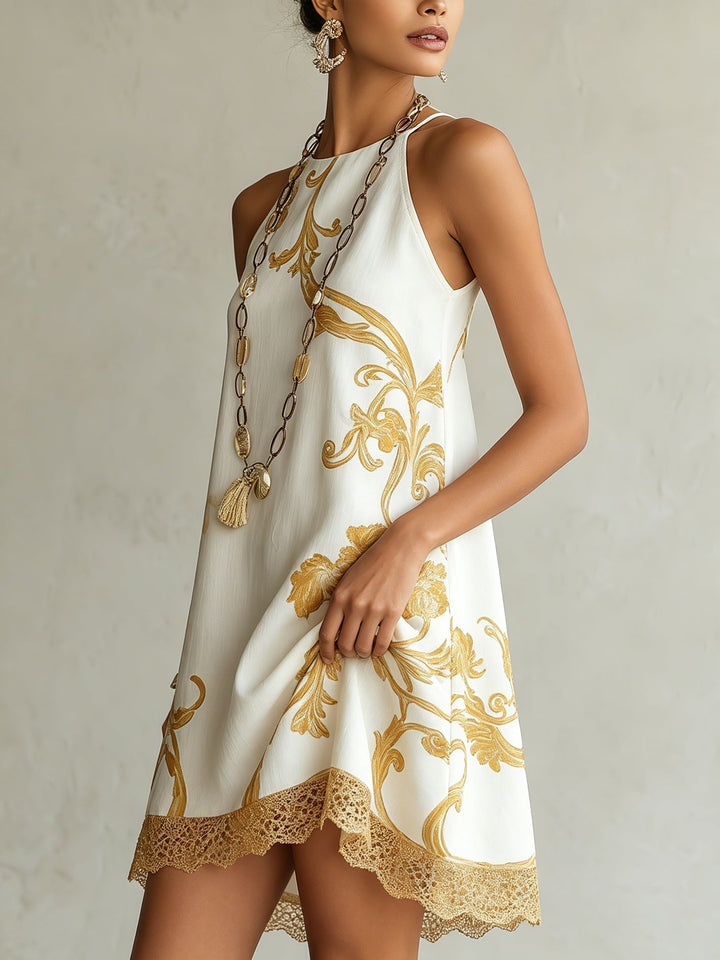Héloïse | White Lace Mini Dress with Gold Print