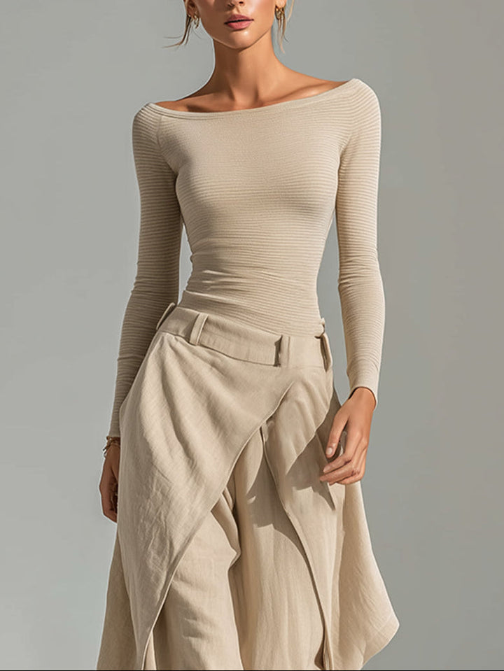 Éveline | Beige Boat-Neck Top and Wide-Leg Ruffle Pant Set