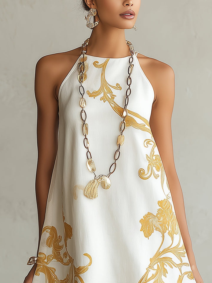 Héloïse | White Lace Mini Dress with Gold Print