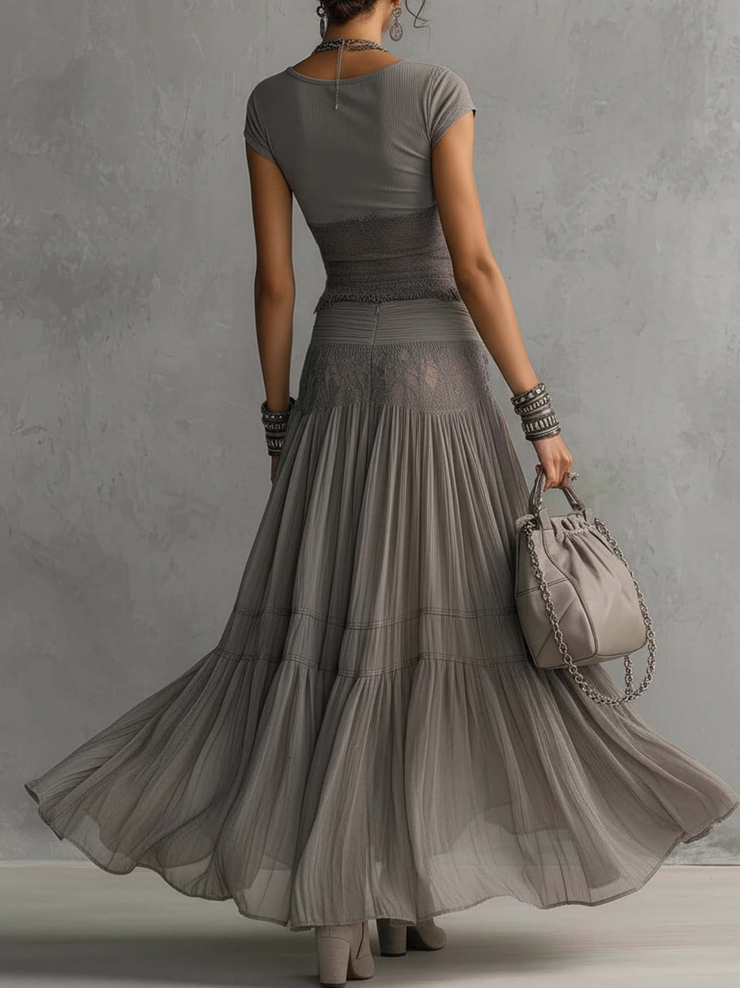 Federica | Lace Detail Top &amp; Pleated Maxi Skirt Set