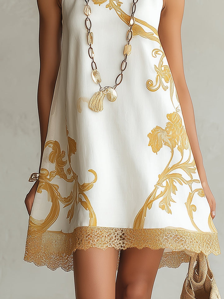 Héloïse | White Lace Mini Dress with Gold Print