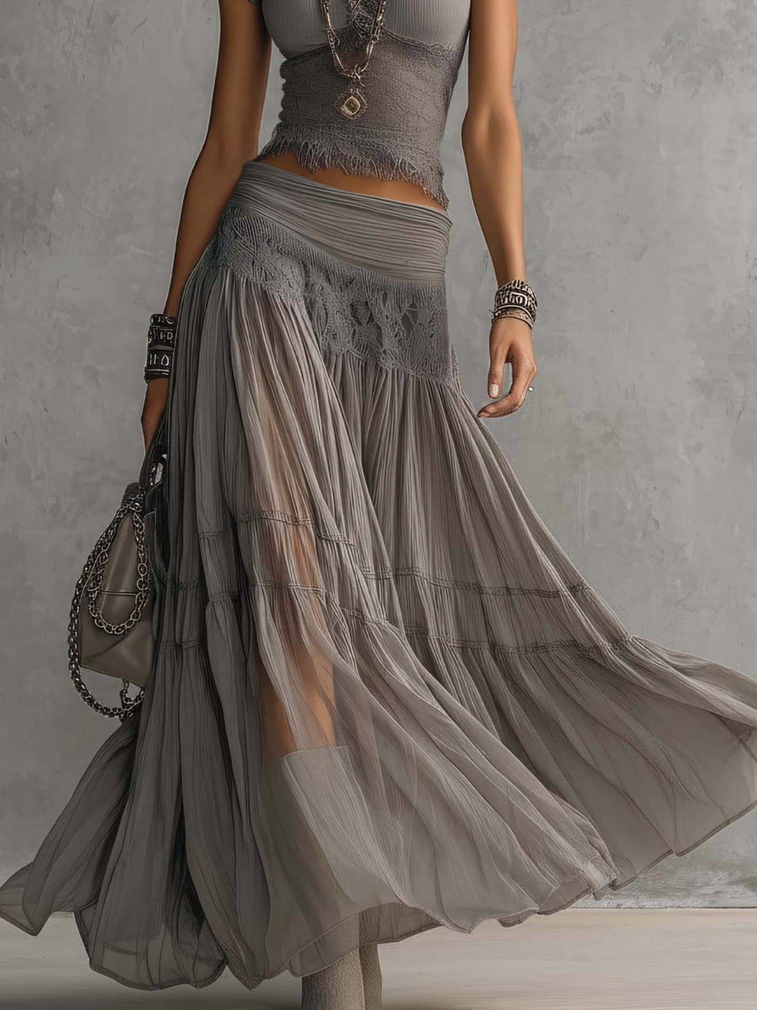 Federica | Lace Detail Top &amp; Pleated Maxi Skirt Set