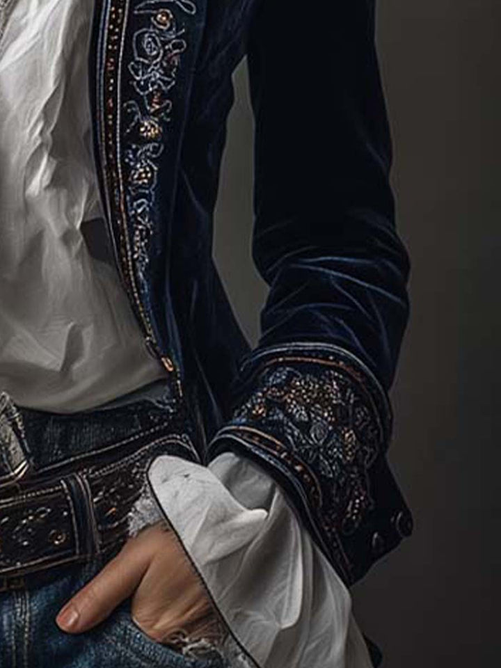 Athénaïs | Long Embroidered Vintage Navy Jacket