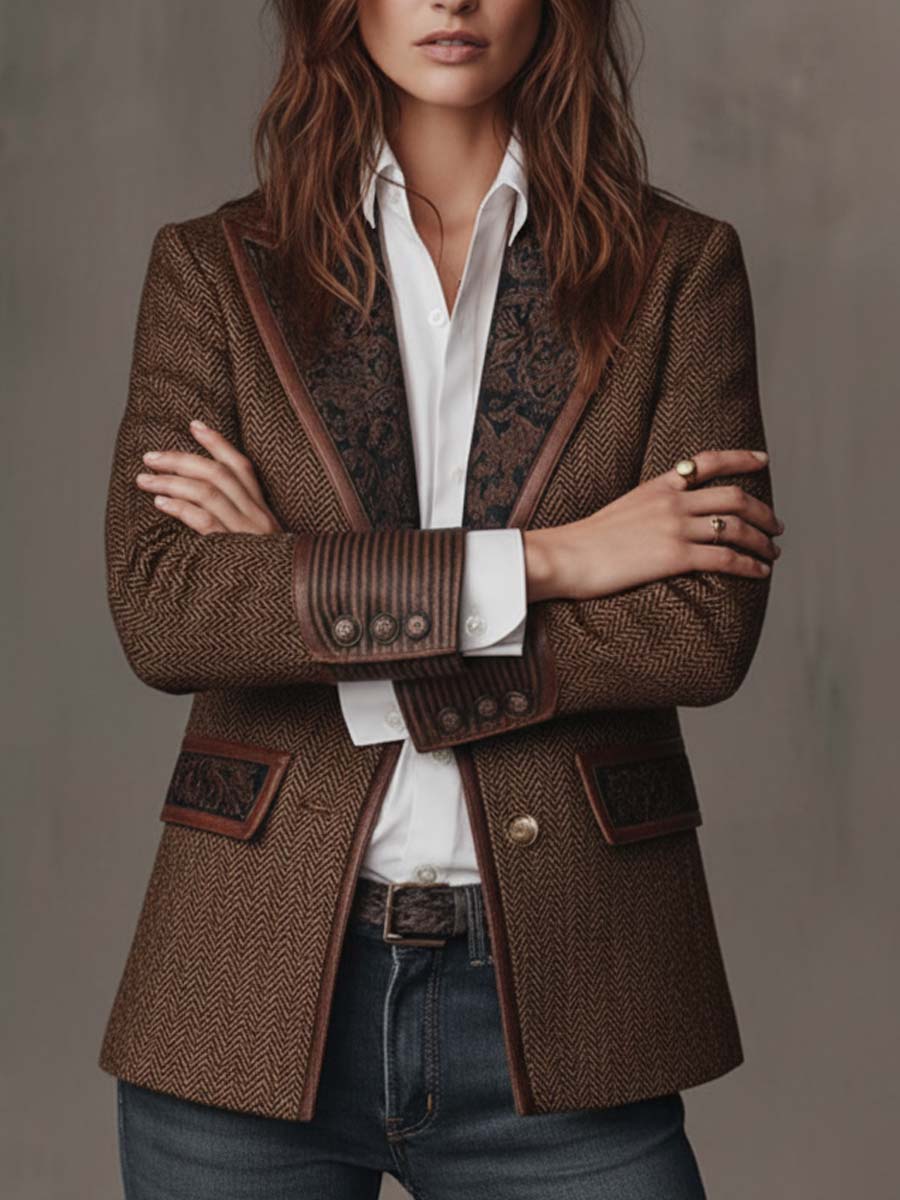 Savile | Herringbone Leather-Trim Tweed Blazer