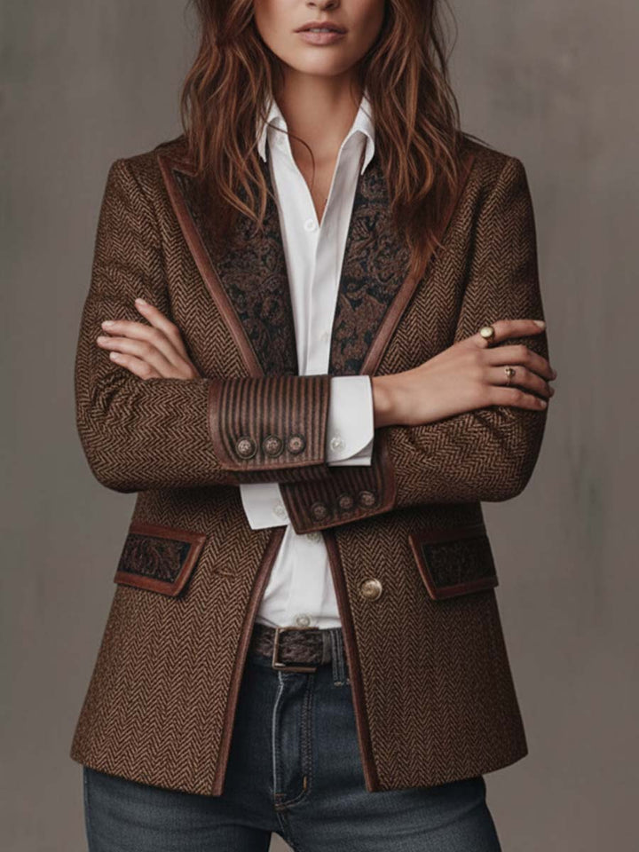 Savile | Herringbone Leather-Trim Tweed Blazer