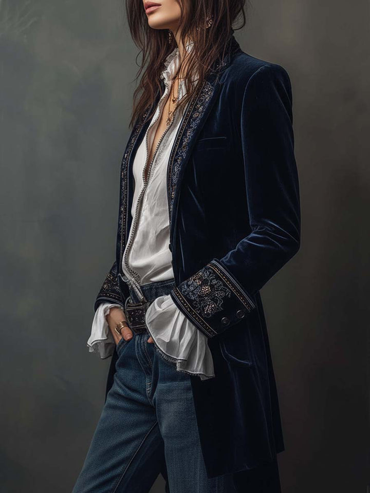 Athénaïs | Long Embroidered Vintage Navy Jacket