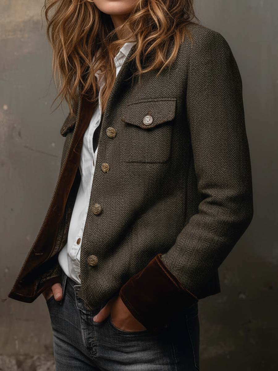 Honorine | Vintage Chevron Contrast-Trim Blazer