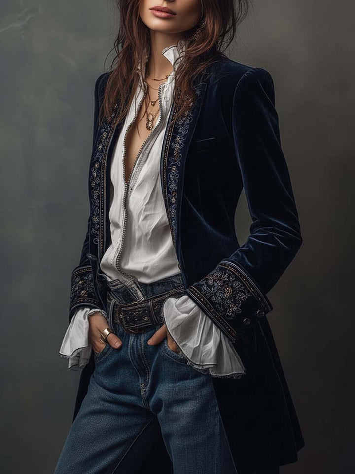 Athénaïs | Long Embroidered Vintage Navy Jacket