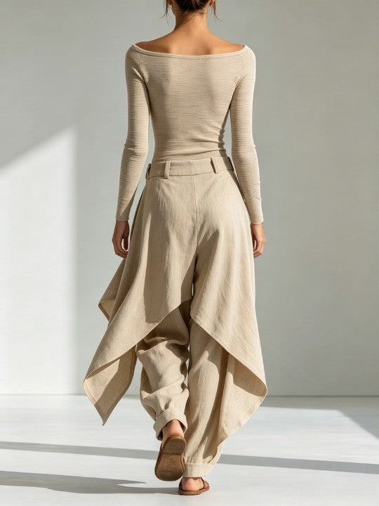 Delphine | Beige Boat-Neck Top and Wide-Leg Ruffle Pant Set
