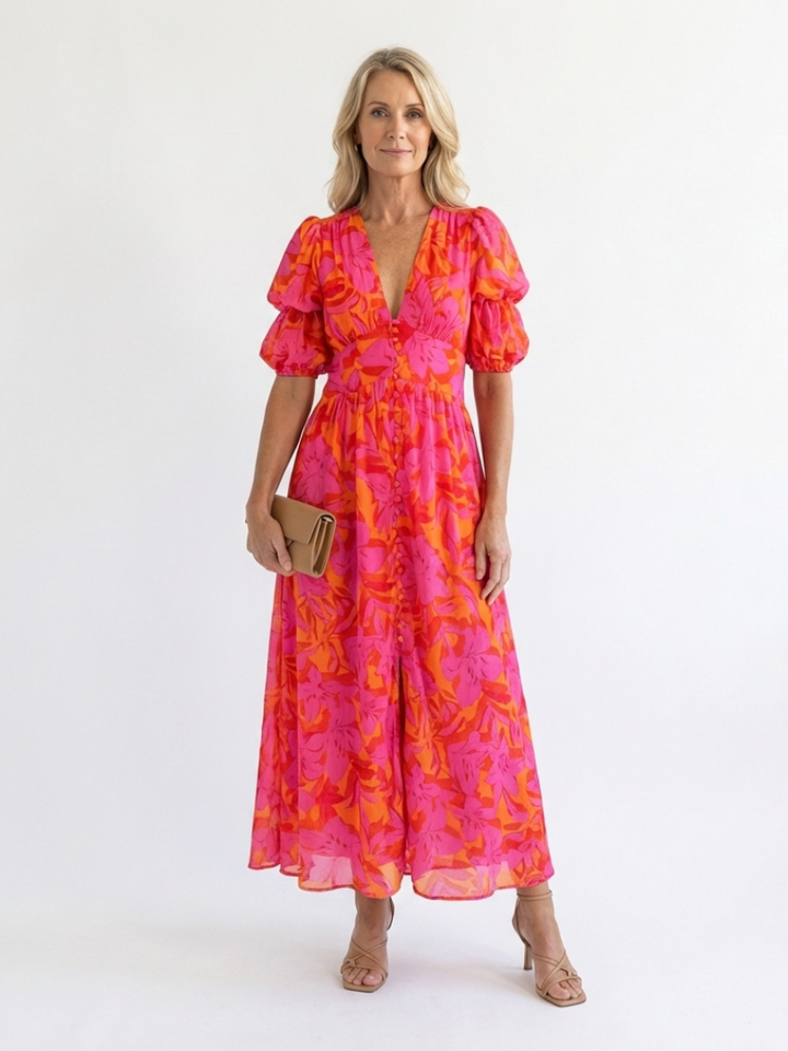 Violet &amp; Grace™ | Floral V Neck Puff Sleeve Midi Dress