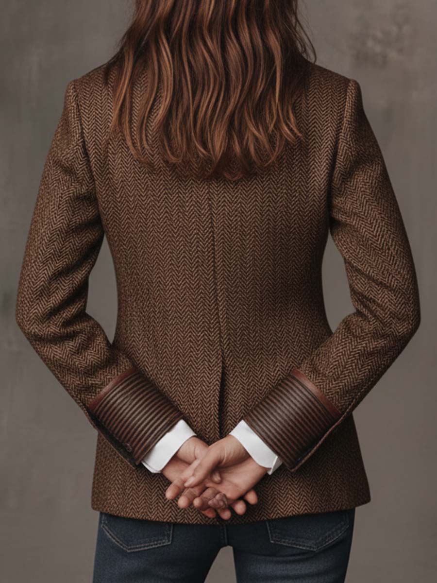 Savile | Herringbone Leather-Trim Tweed Blazer