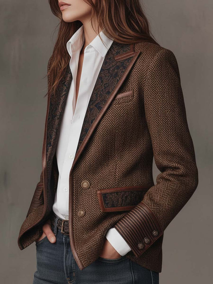 Savile | Herringbone Leather-Trim Tweed Blazer