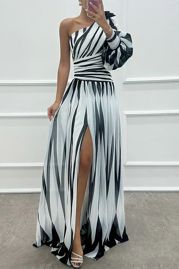 Violet &amp; Grace™ |Elegant Striped Maxi Dress with One Shoulder