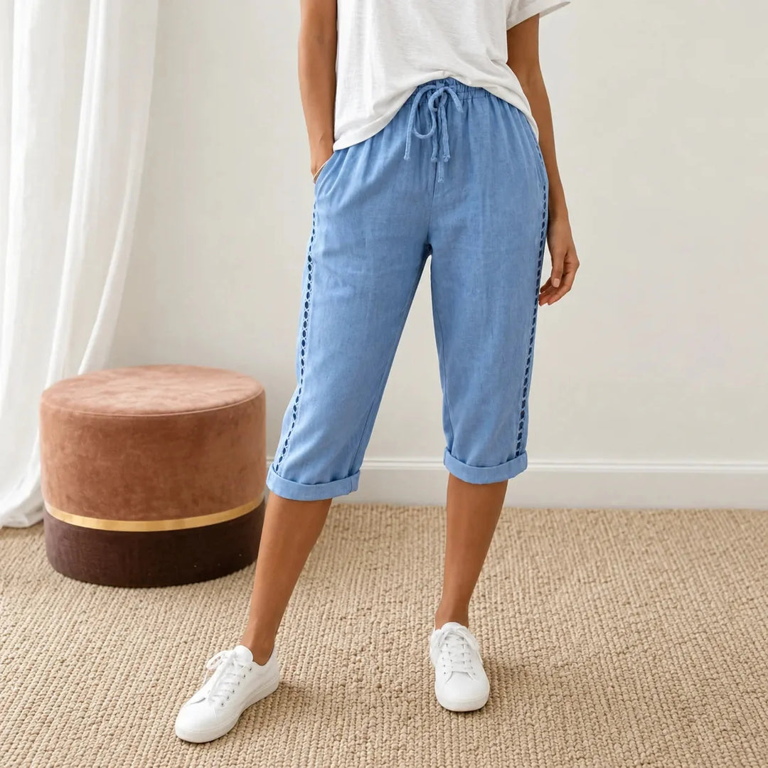 Loravie – Eyelet Trim Cotton-Linen-like Capri Pants with Drawstring Waist