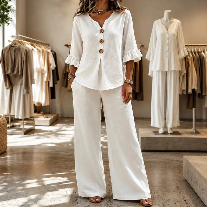 Lunavia | Linen-Look Two-Piece Set with Ruffle Sleeves and Wide-Leg Pants