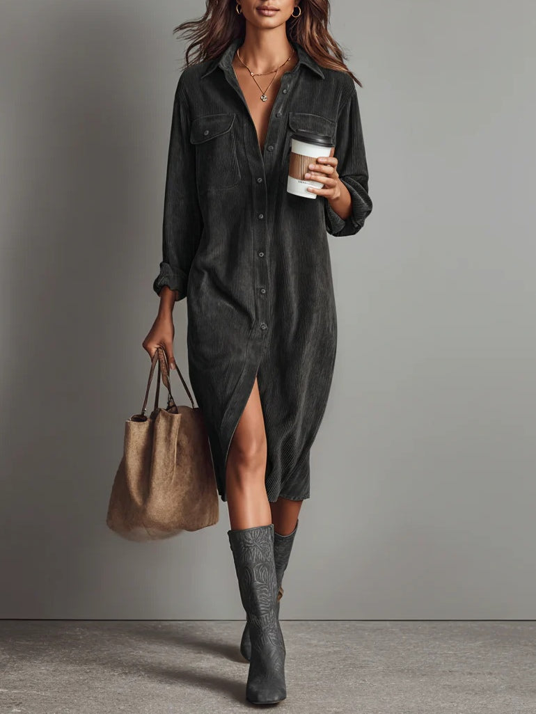 Béatrice | Ribbed Corduroy Midi Dress with Pockets
