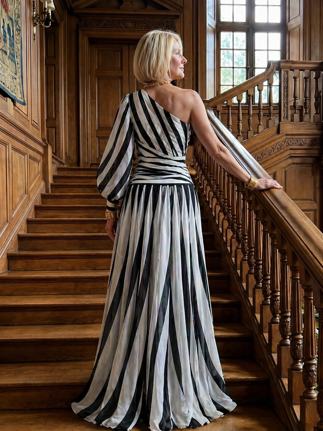 Violet &amp; Grace™ |Elegant Striped Maxi Dress with One Shoulder