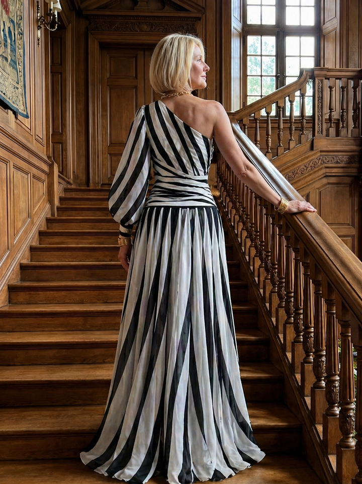 Violet &amp; Grace™ |Elegant Striped Maxi Dress with One Shoulder