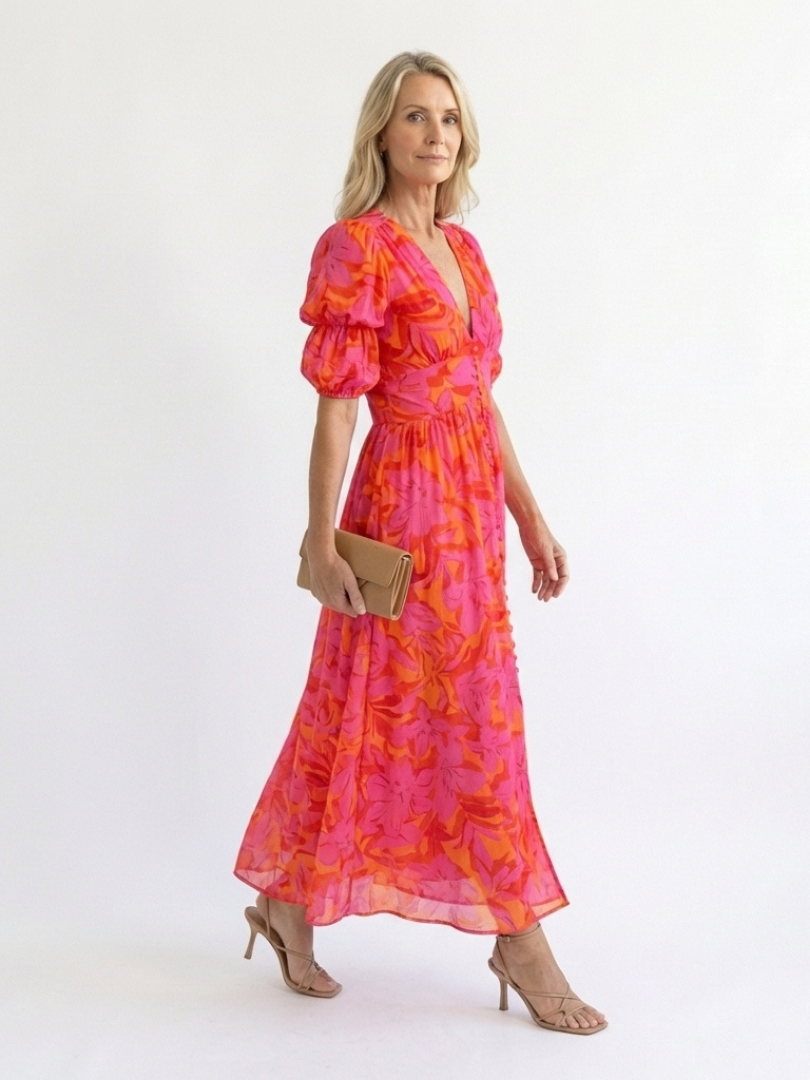 Violet &amp; Grace™ | Floral V Neck Puff Sleeve Midi Dress