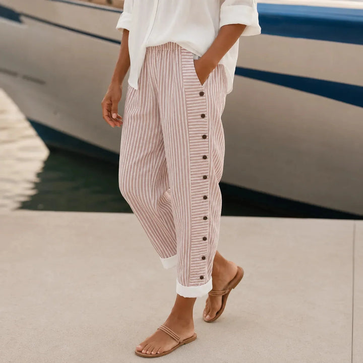 Marena – Striped Side-Button Cropped Summer Pants for Women