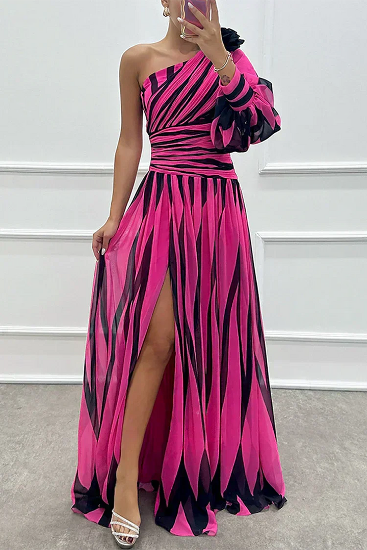 Violet &amp; Grace™ |Elegant Striped Maxi Dress with One Shoulder