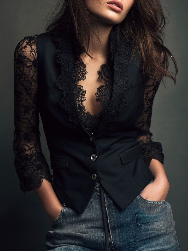 Noémie | Black Sheer-Sleeve Blazer Top