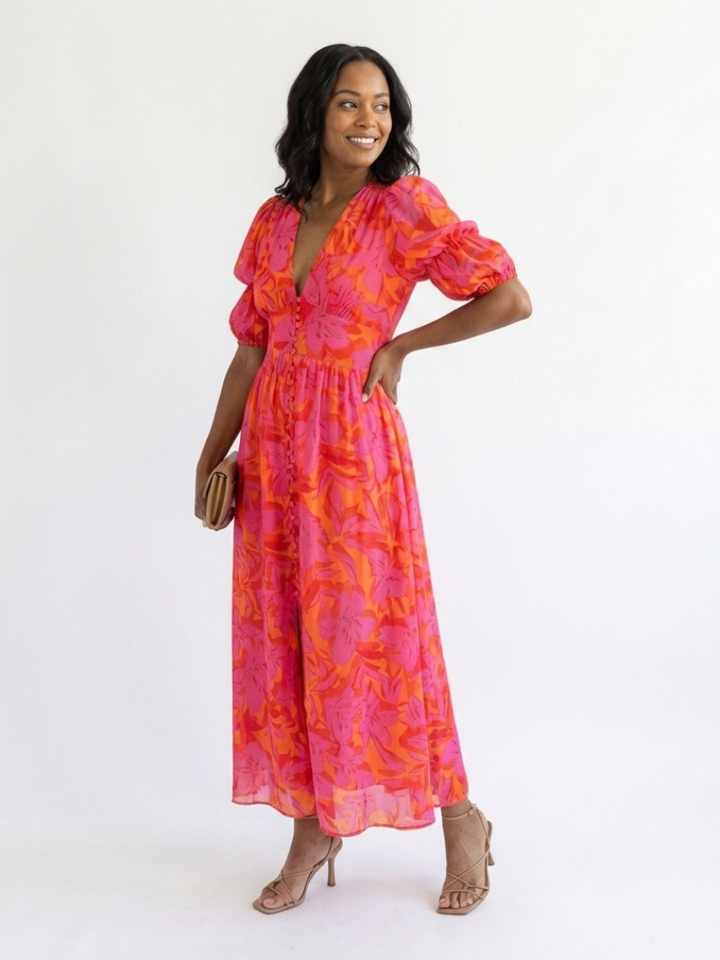 Violet &amp; Grace™ | Floral V Neck Puff Sleeve Midi Dress