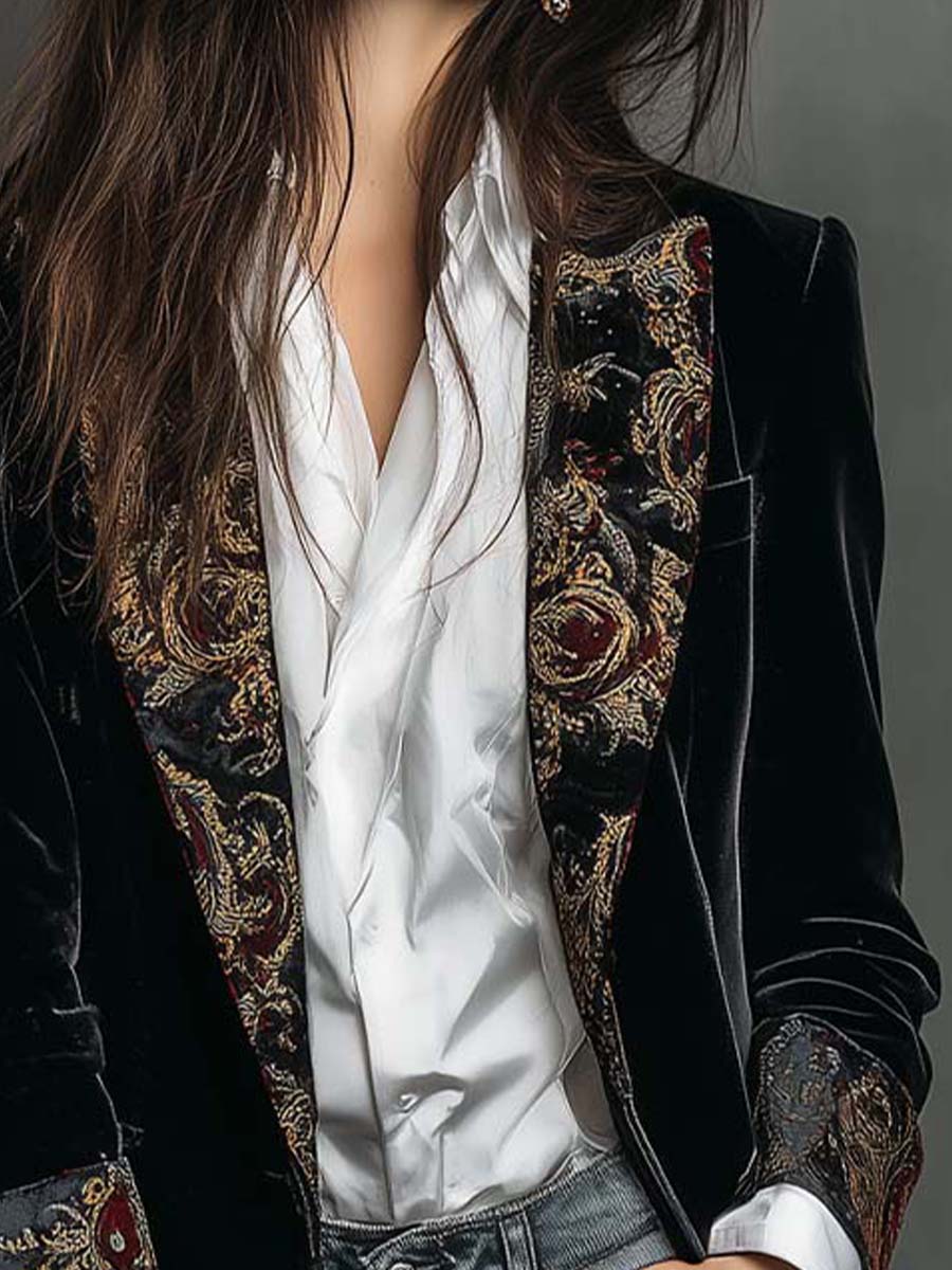 Léontine | Fitted Black Baroque-Print Blazer