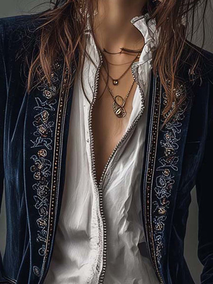 Athénaïs | Long Embroidered Vintage Navy Jacket