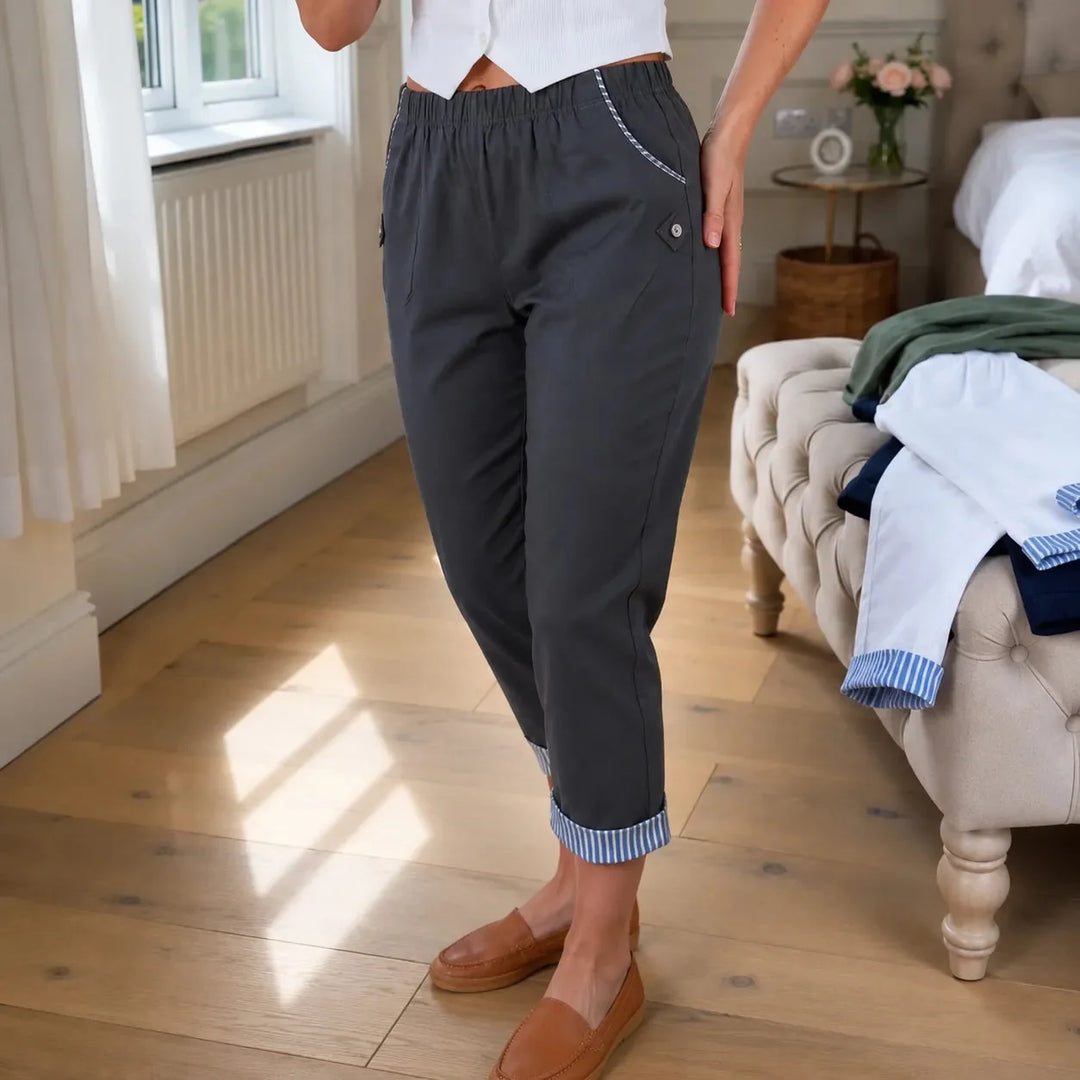 Wearbella – Striped Cuff Cropped Trousers with Stretch Waist for Women