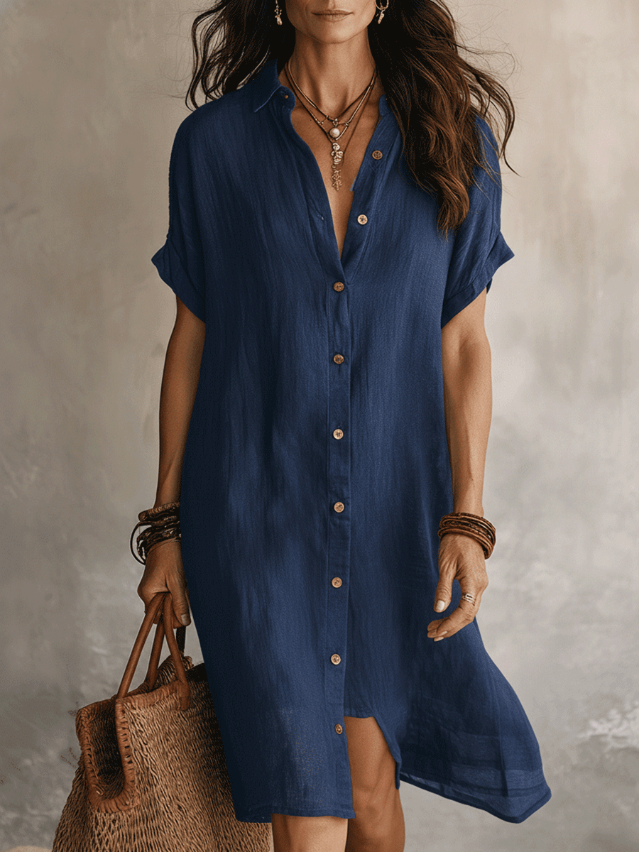 Céleste | Button-Down Linen &amp; Cotton Midi Shirt Dress