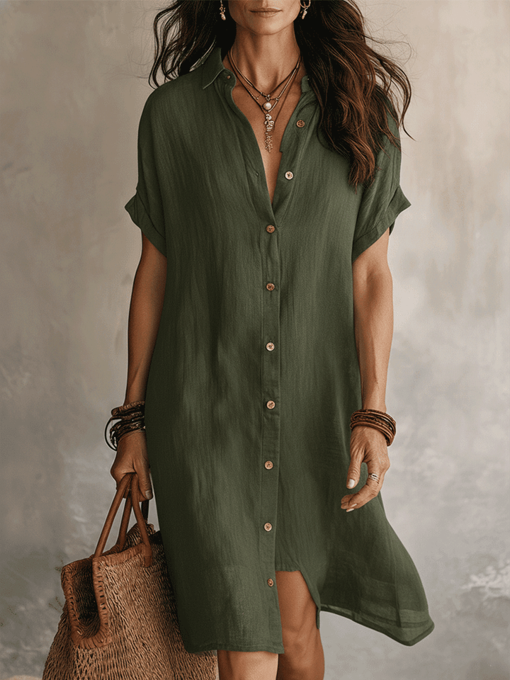 Céleste | Button-Down Linen &amp; Cotton Midi Shirt Dress