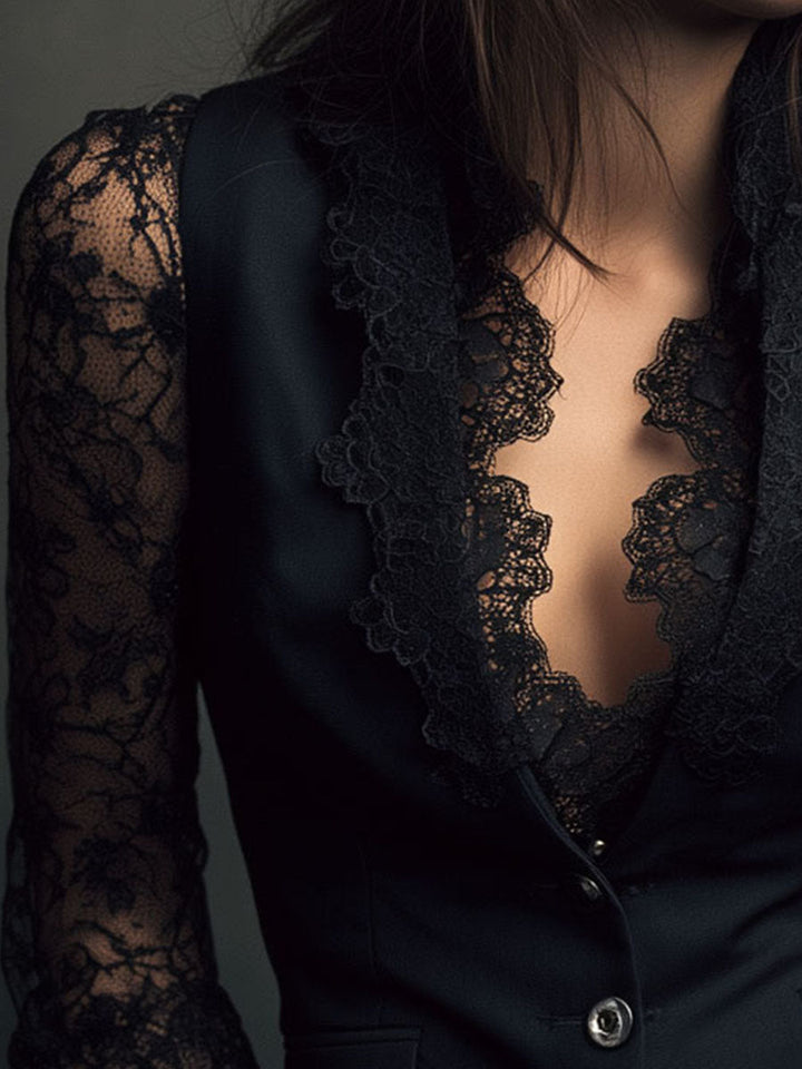 Noémie | Black Sheer-Sleeve Blazer Top