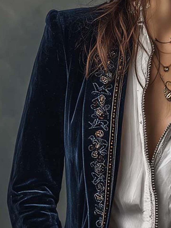 Athénaïs | Long Embroidered Vintage Navy Jacket