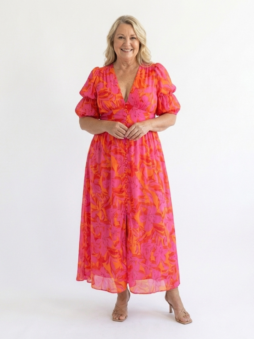 Violet &amp; Grace™ | Floral V Neck Puff Sleeve Midi Dress