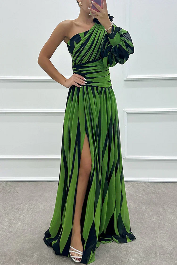 Violet &amp; Grace™ |Elegant Striped Maxi Dress with One Shoulder