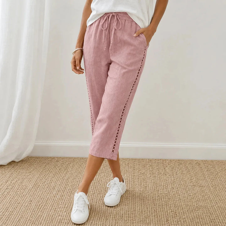 Loravie – Eyelet Trim Cotton-Linen-like Capri Pants with Drawstring Waist