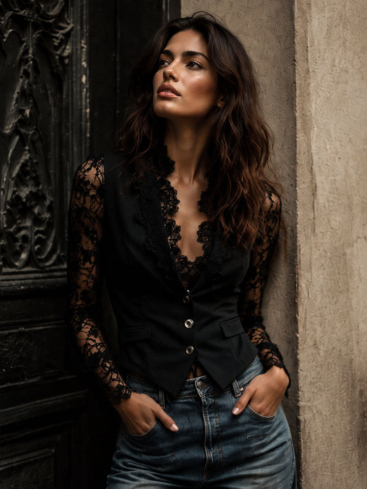 Noémie | Black Sheer-Sleeve Blazer Top