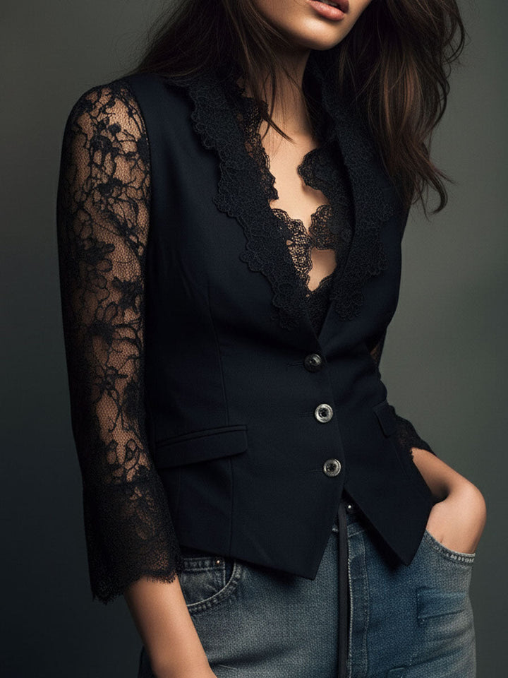 Noémie | Black Sheer-Sleeve Blazer Top