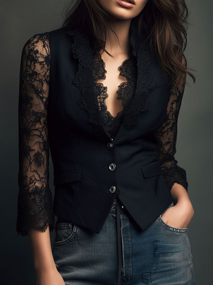 Noémie | Black Sheer-Sleeve Blazer Top