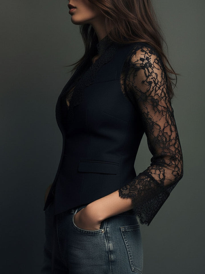 Noémie | Black Sheer-Sleeve Blazer Top