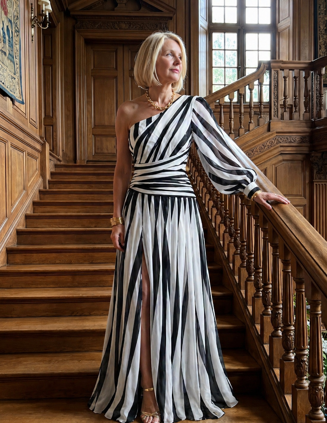 Violet &amp; Grace™ |Elegant Striped Maxi Dress with One Shoulder