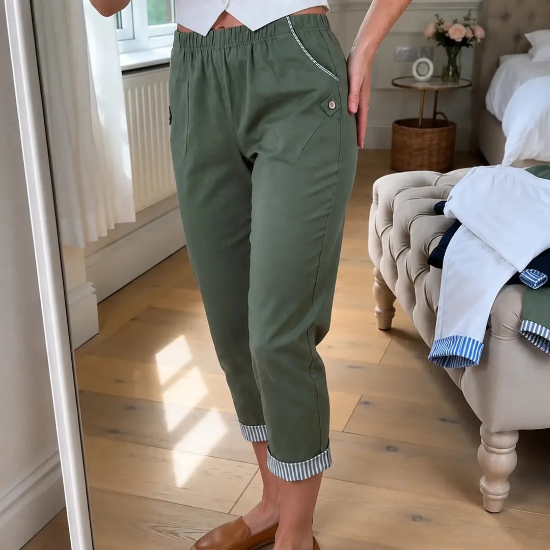 Wearbella – Striped Cuff Cropped Trousers with Stretch Waist for Women