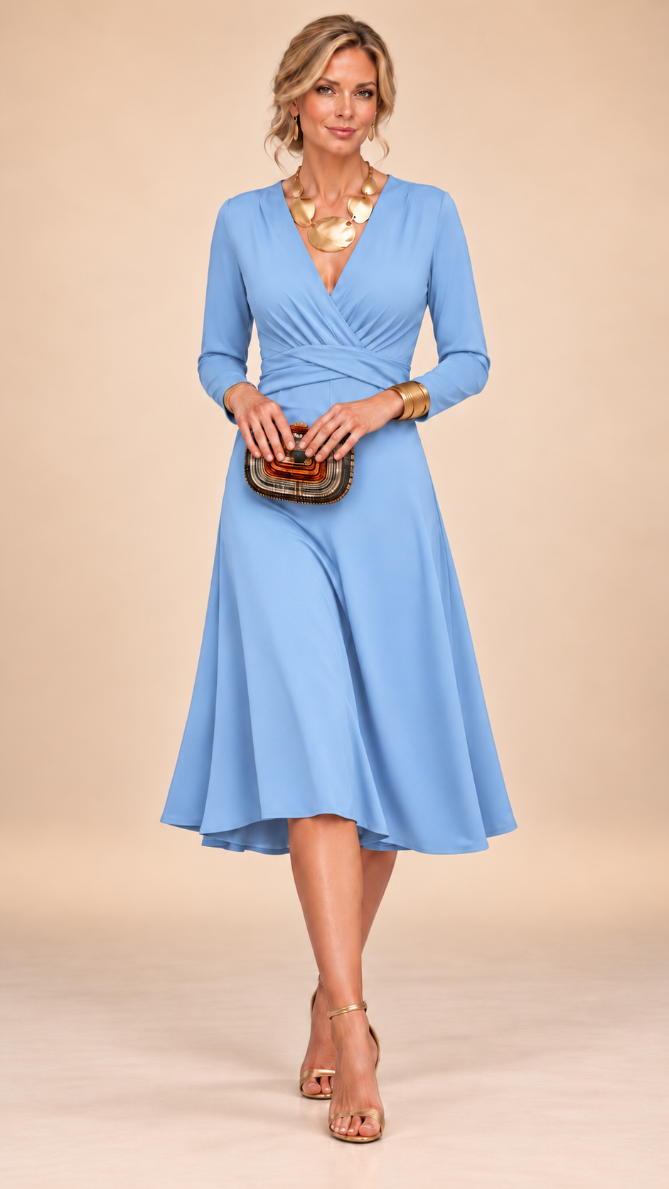 Naomi | Solid V-Neck Cross Waist Ruched Long Sleeve Midi Maxi Dress