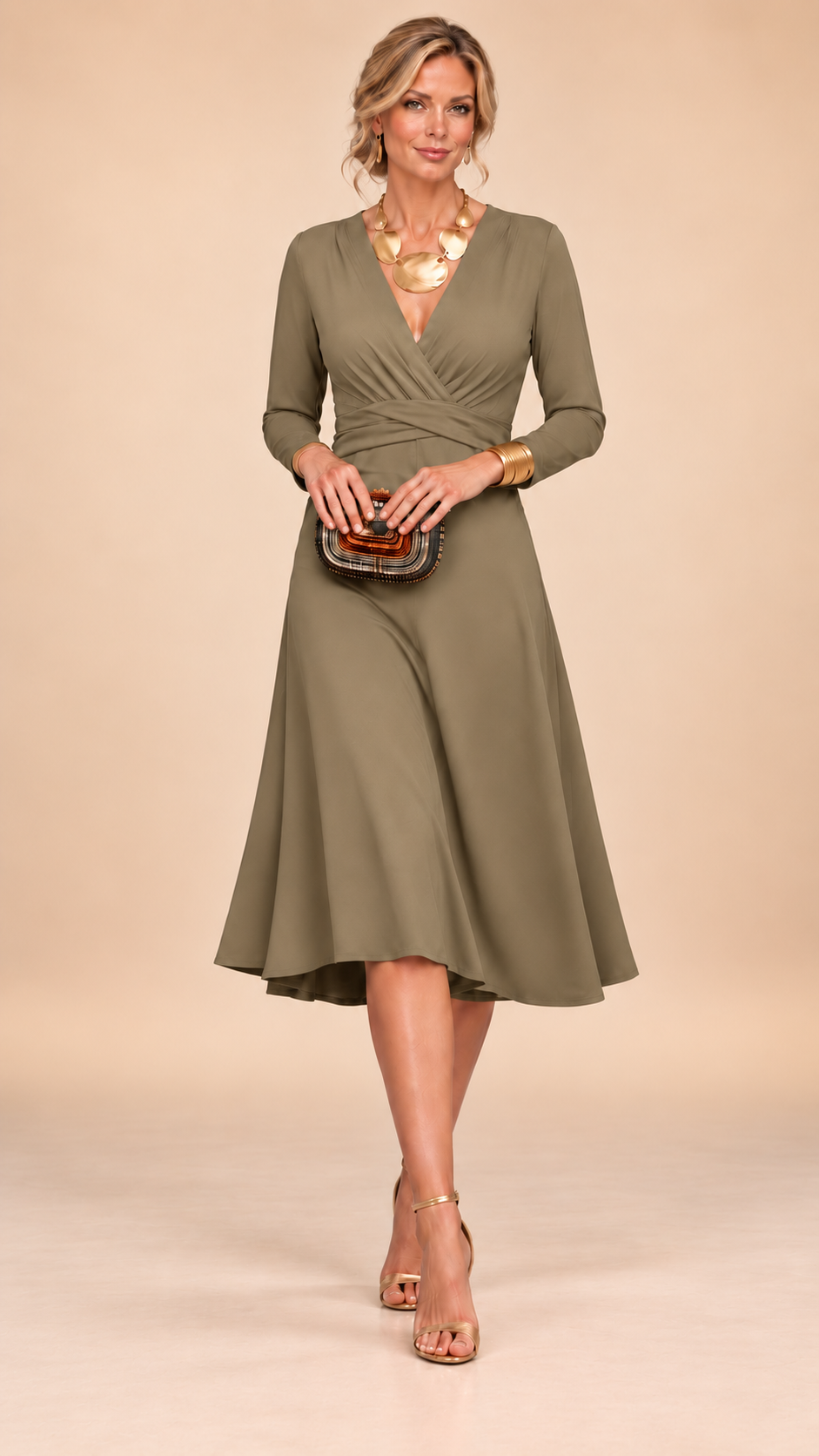 Naomi | Solid V-Neck Cross Waist Ruched Long Sleeve Midi Maxi Dress
