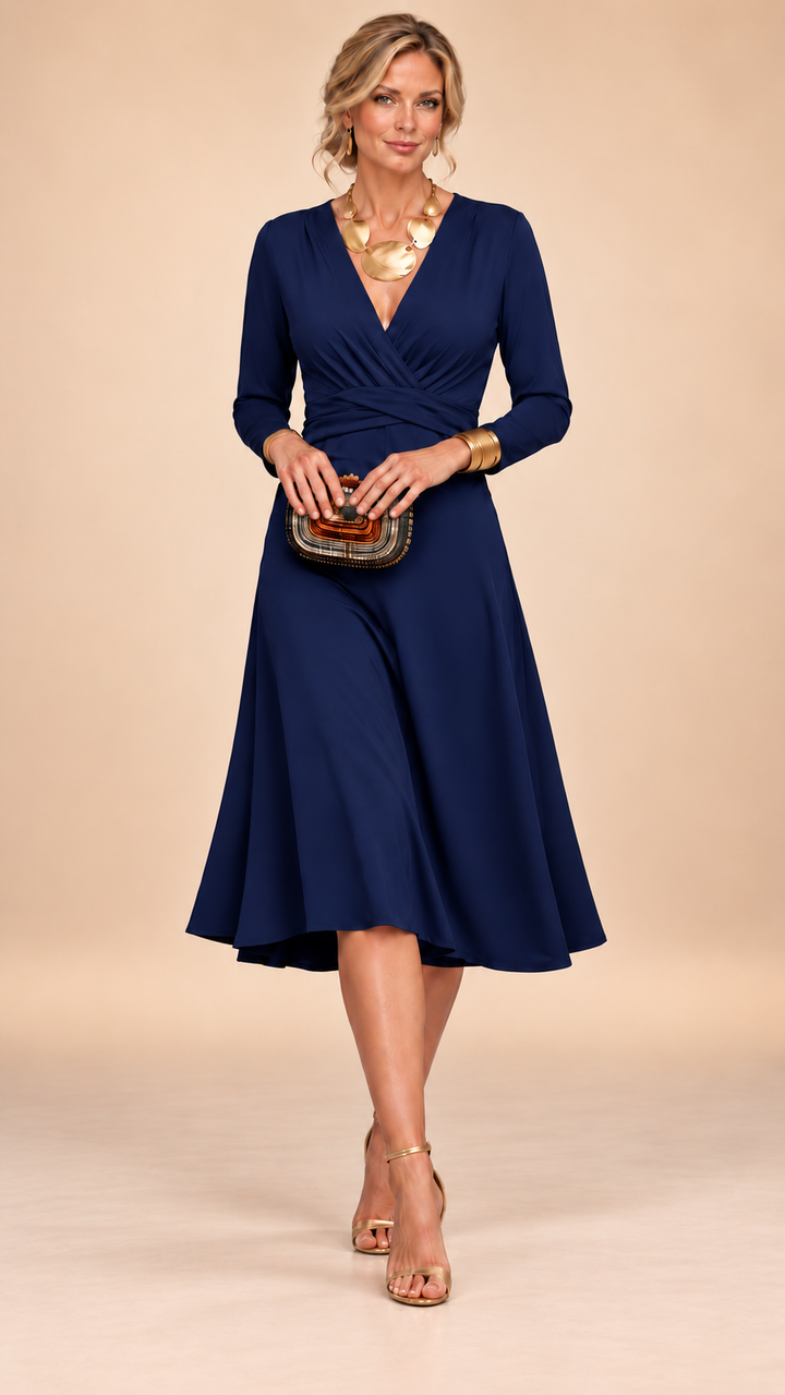 Naomi | Solid V-Neck Cross Waist Ruched Long Sleeve Midi Maxi Dress